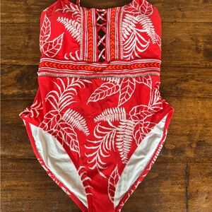 La Blanca Red One-Piece with White Tropical Embroidered Detail